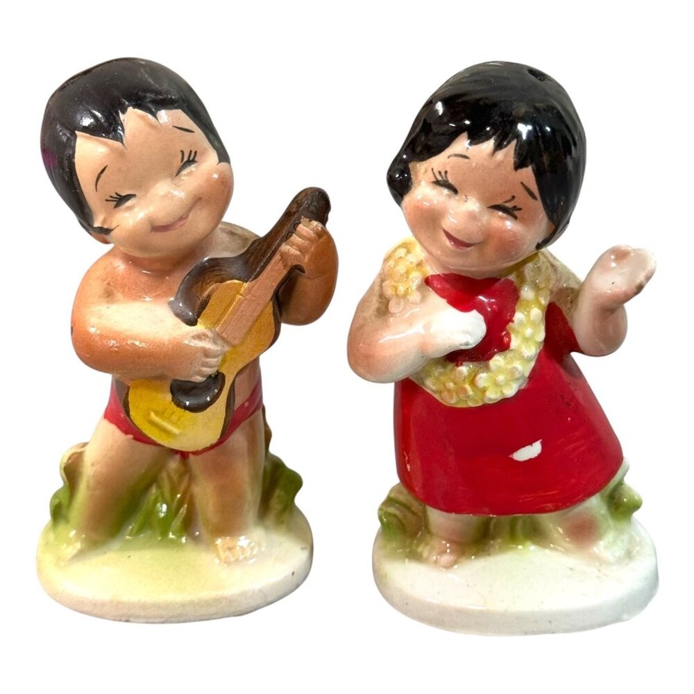 Vtg Norcrest Hawaiian Boy Girl Salt Pepper Shakers Handpainted Ceramic Japan 4"